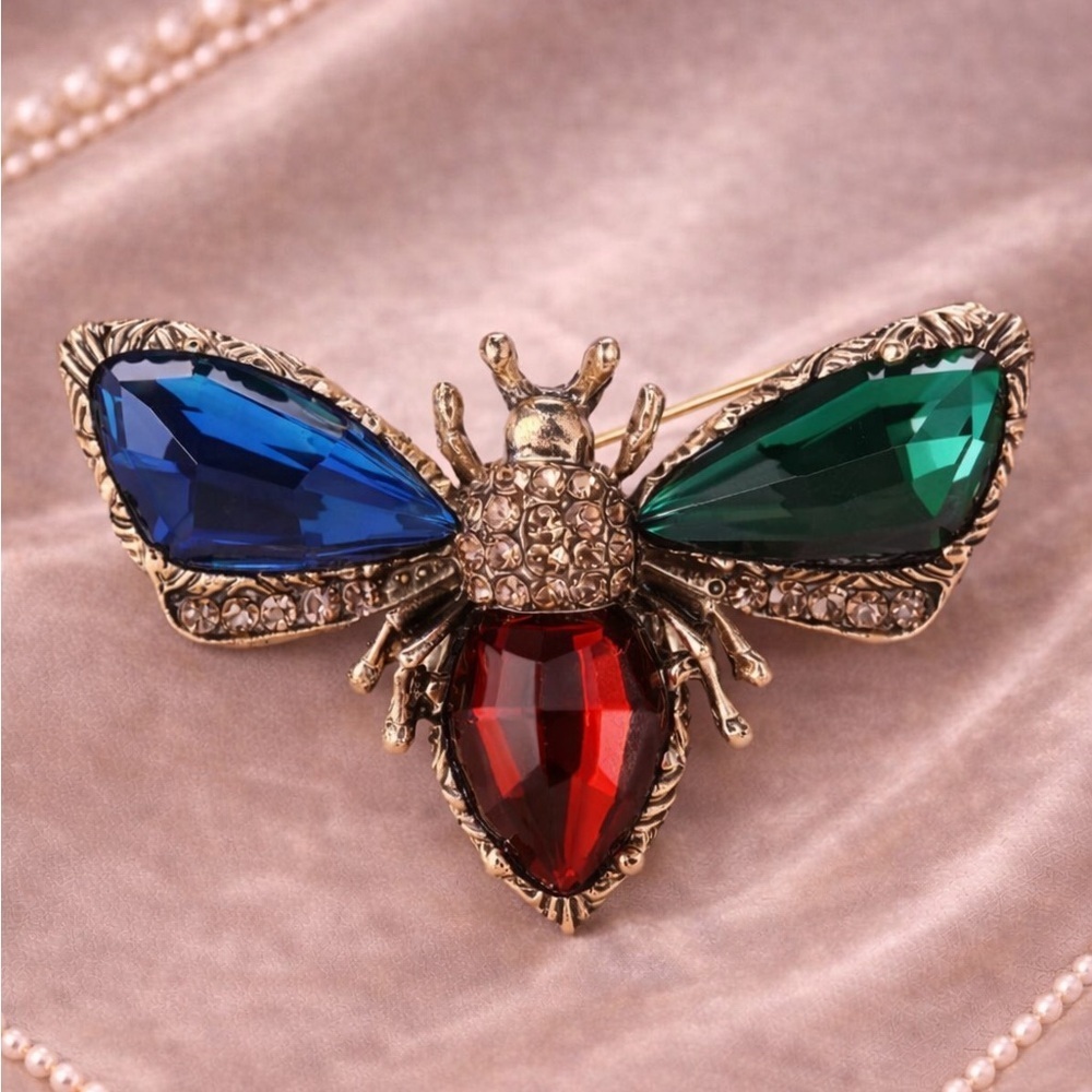 Vintage Colorful Gem Insect Brooch — Gold Tone